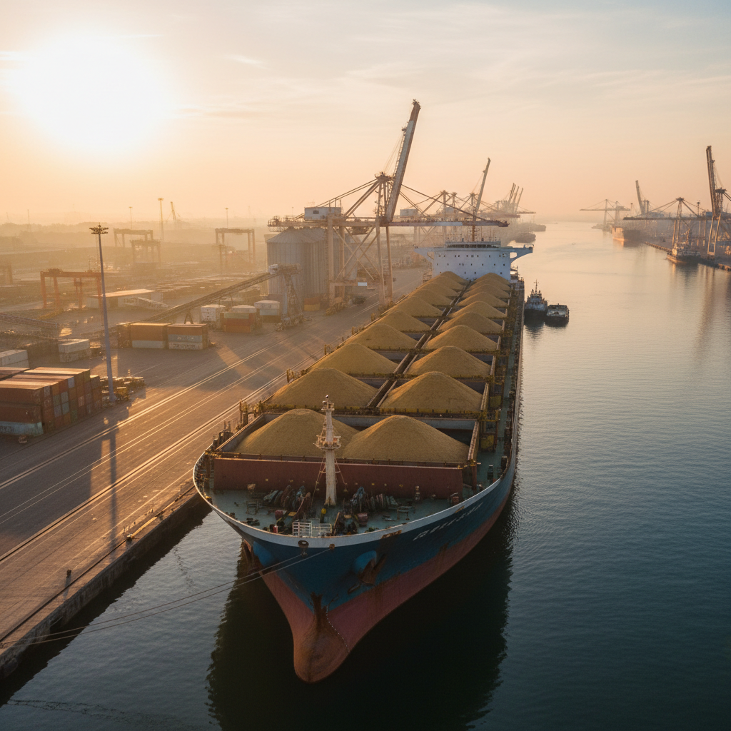 Container ship loaded with bulk agricultural cargo at industrial port during sunrise, shipping route