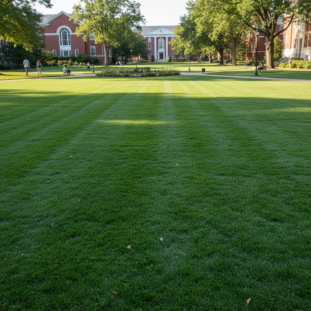 Manicured school grounds with perfectly trimmed grass, institutional building in background