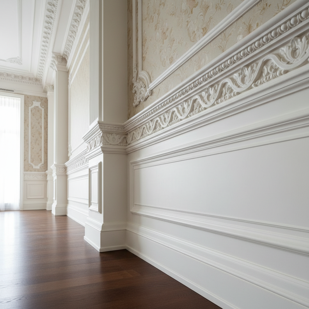 Fine carpentry work with hardwood flooring installation and detailed finish work in a luxury interior