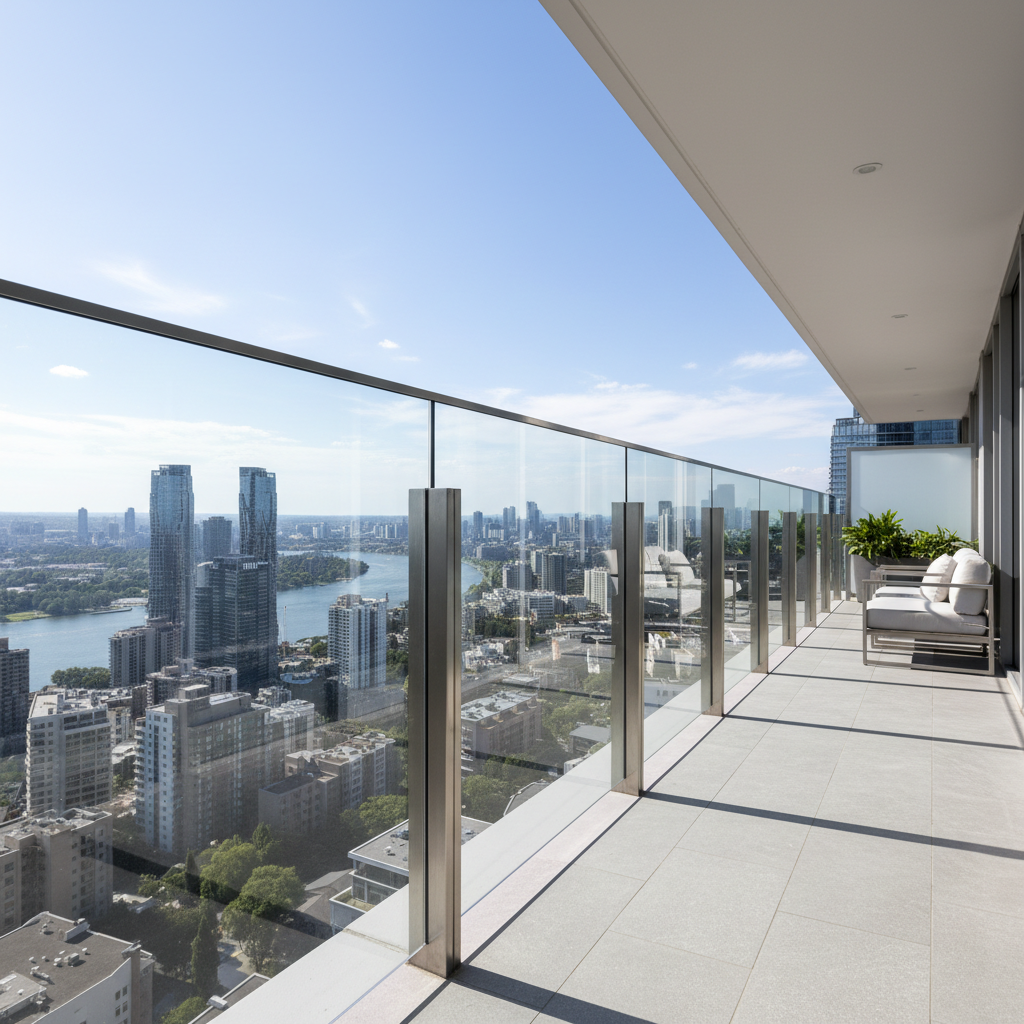 Interior glass balustrade with stainless steel posts in open-plan home