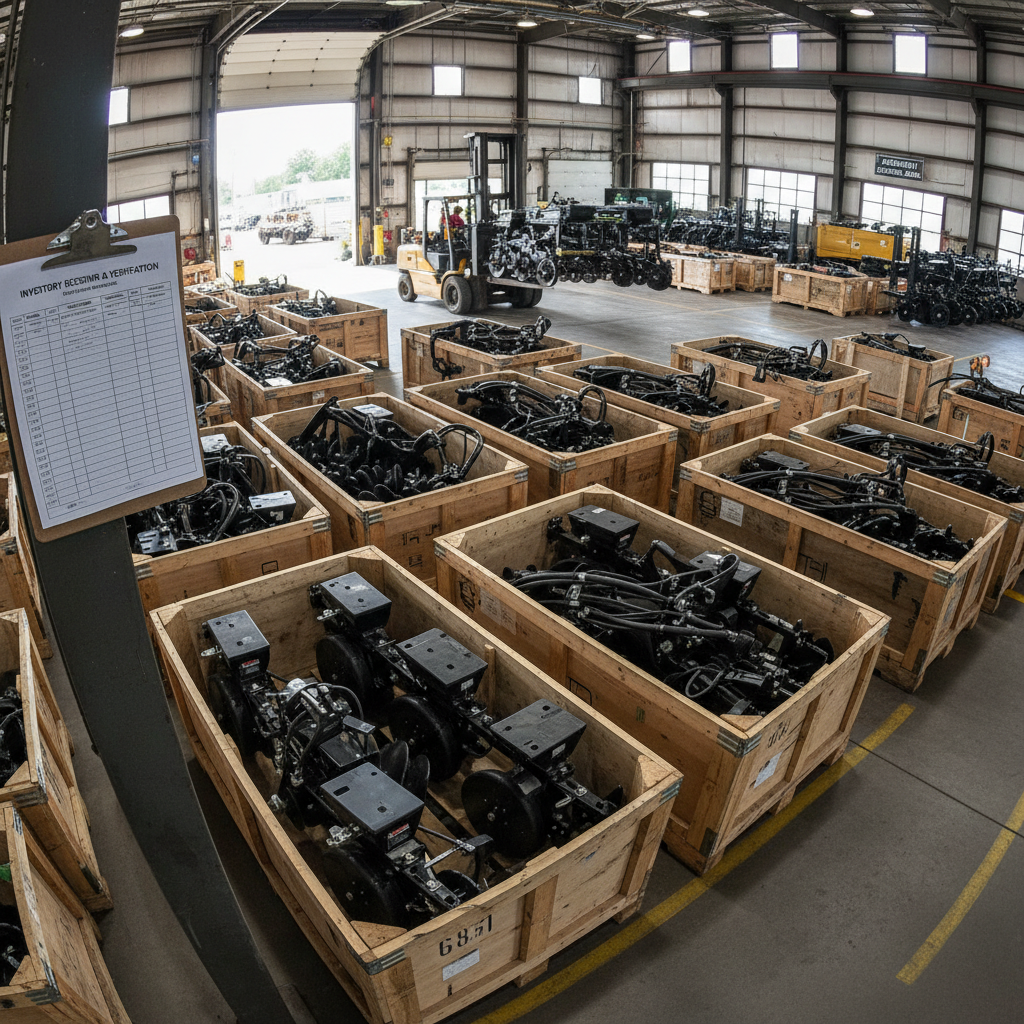 Agricultural equipment receiving dock with crated planter components on pallets, inventory verification checklist visible, forklift in background moving components to assembly staging area