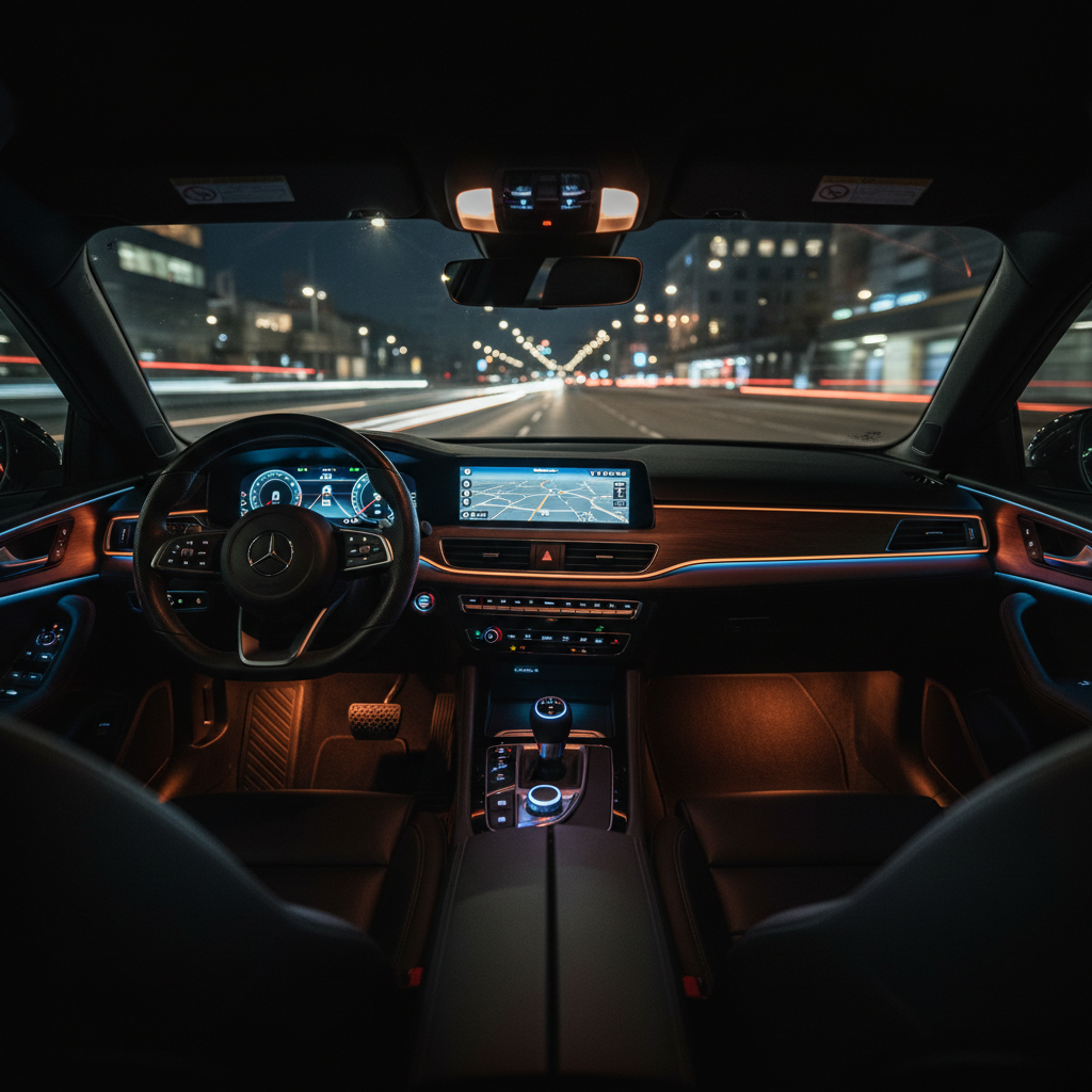 Clean cab interior at night, dashboard lit, ready for ride, dark atmospheric interior, professional