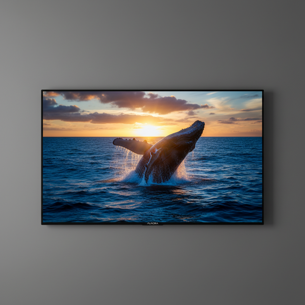Slim flat screen TV mounted on a wall showing vivid display