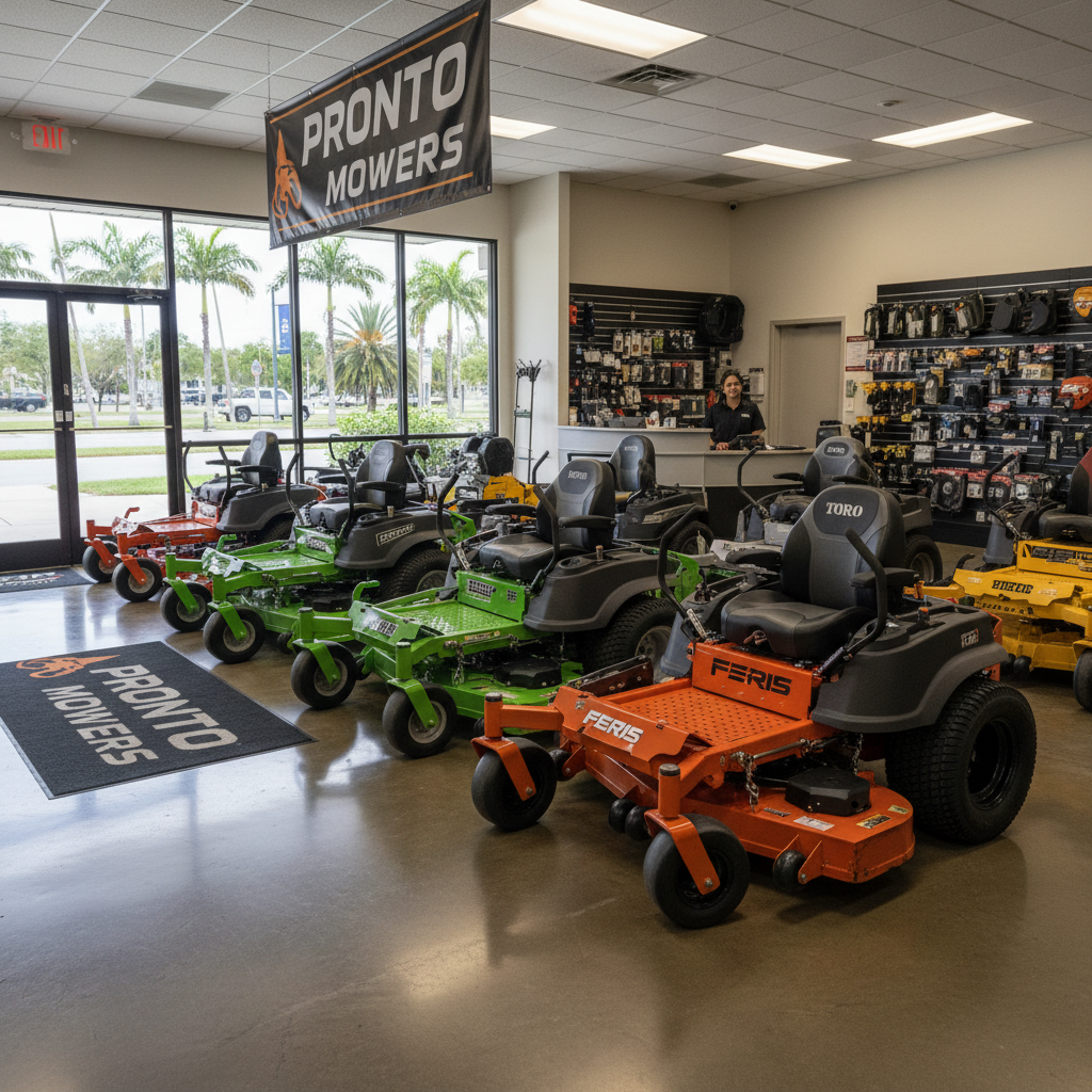Row of commercial zero-turn mowers in Palm Beach County Mowers outdoor lot, sunny Florida weather