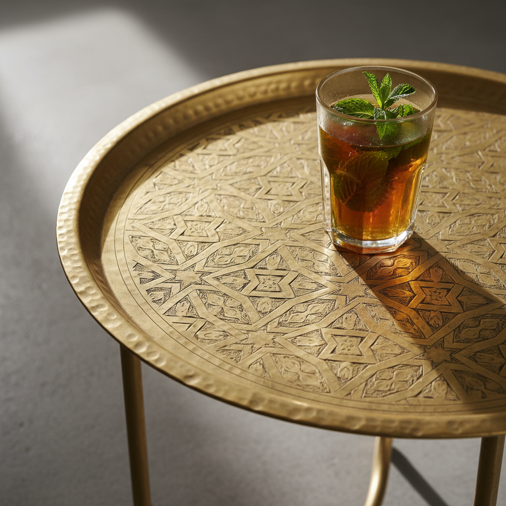 Hand-hammered brass tray table with geometric engraving, glass of mint tea on top