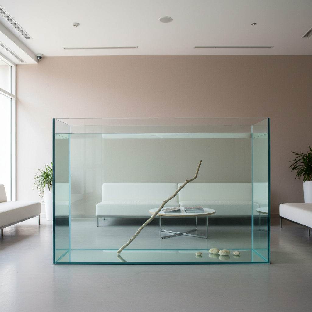 Plain hotel lobby aquarium before holiday redesign