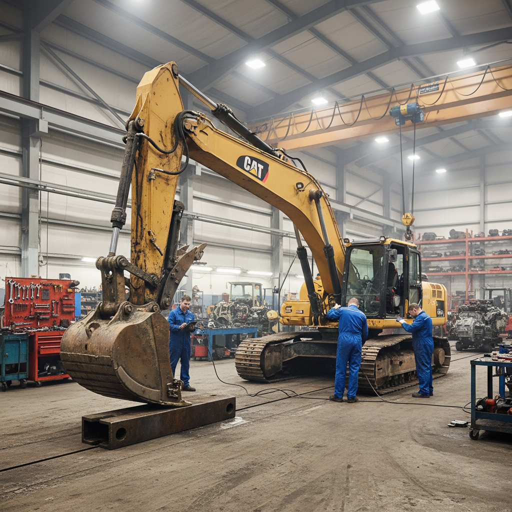 Excavator undergoing initial diagnostic inspection in a heavy equipment repair bay