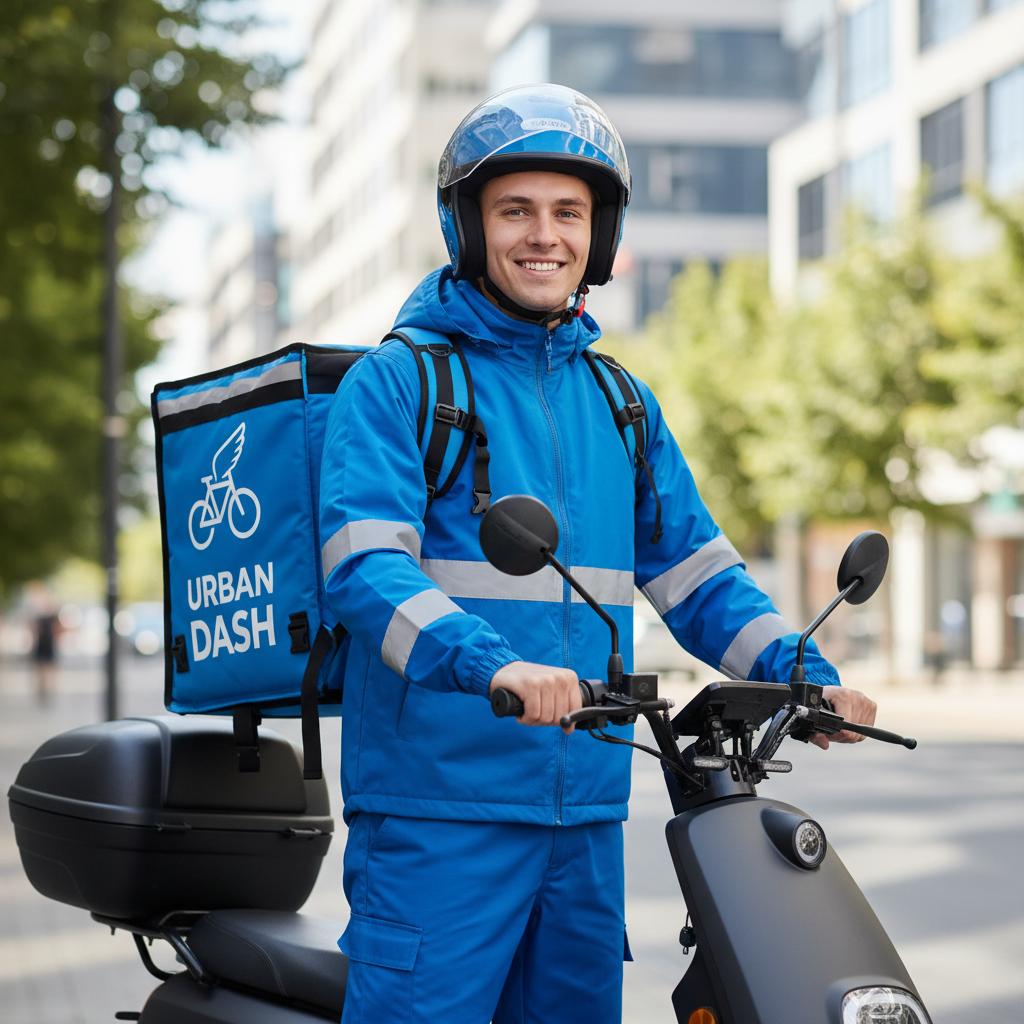Delivery driver profile photo, young man smiling