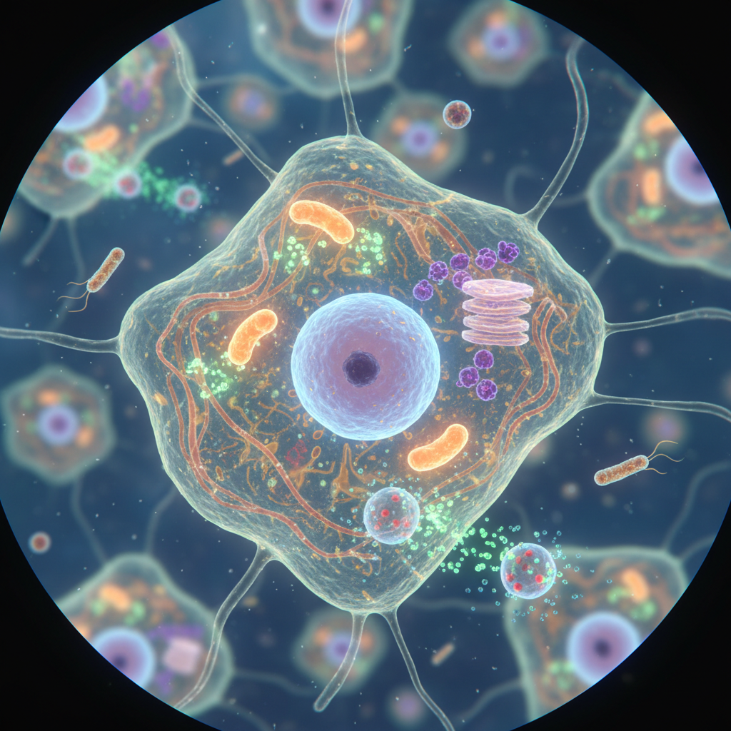 Microscopic view of cell structure showing nucleus and organelles