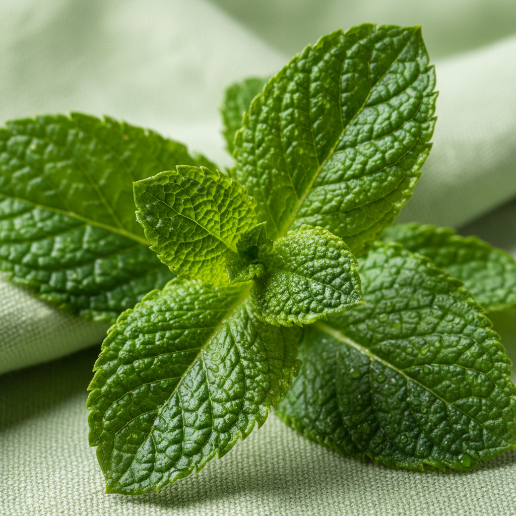 Fresh and dried peppermint leaves on white linen cloth in bright natural light