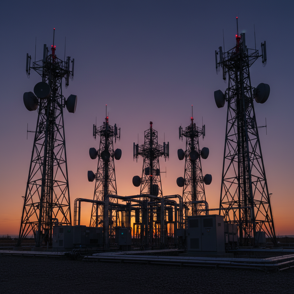 Network connectivity hardware with signal towers at dusk, dark steel infrastructure for emergency communications