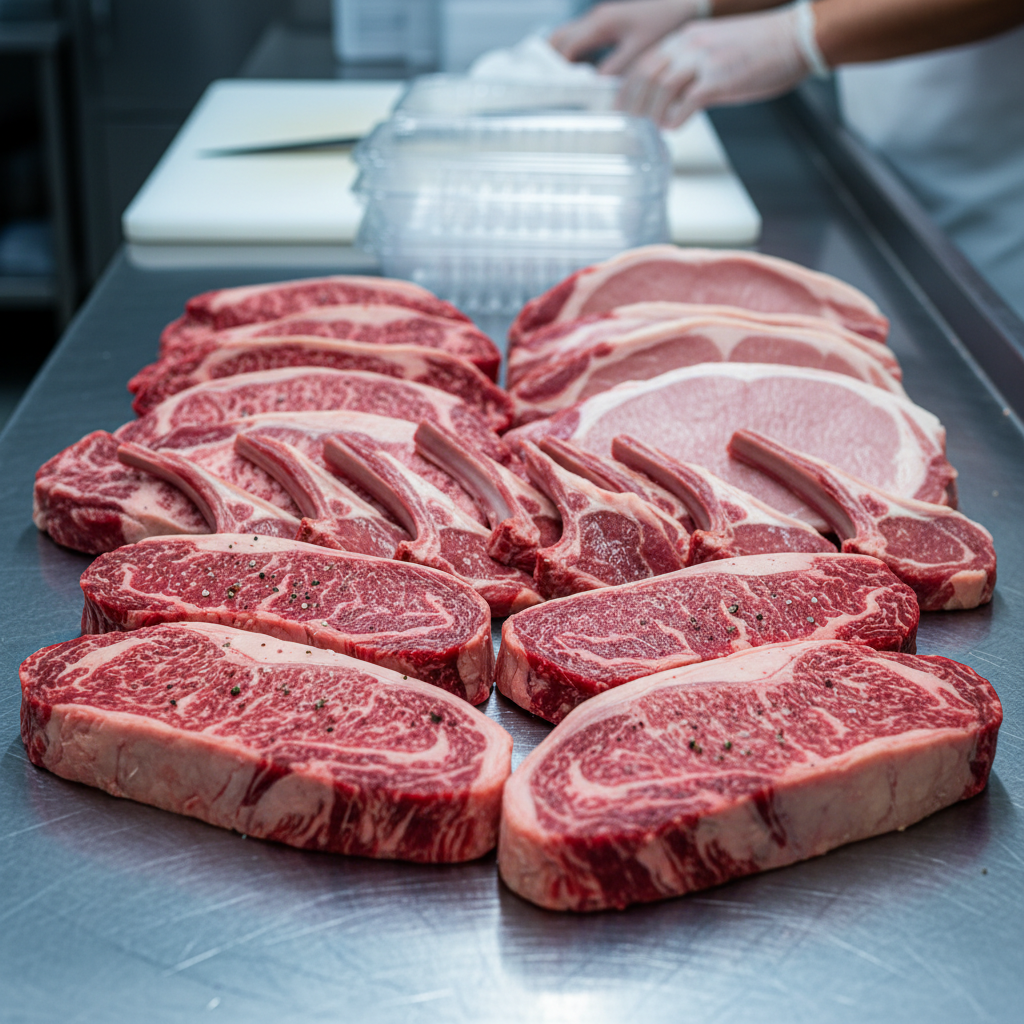 Fresh beef organ meat on butcher counter, organized cuts ready for packaging