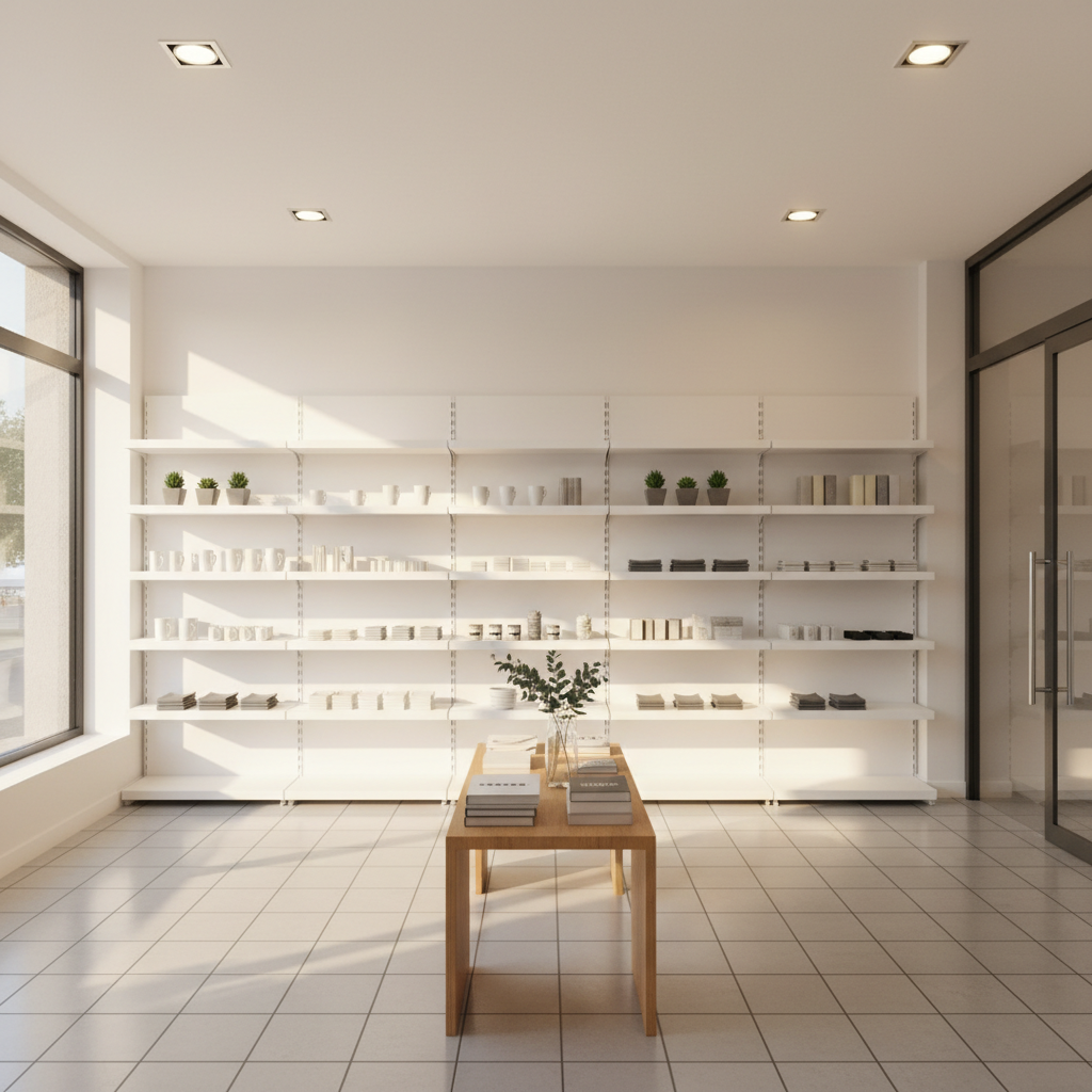 Wood display table in retail shop with clean lines, products displayed on surface