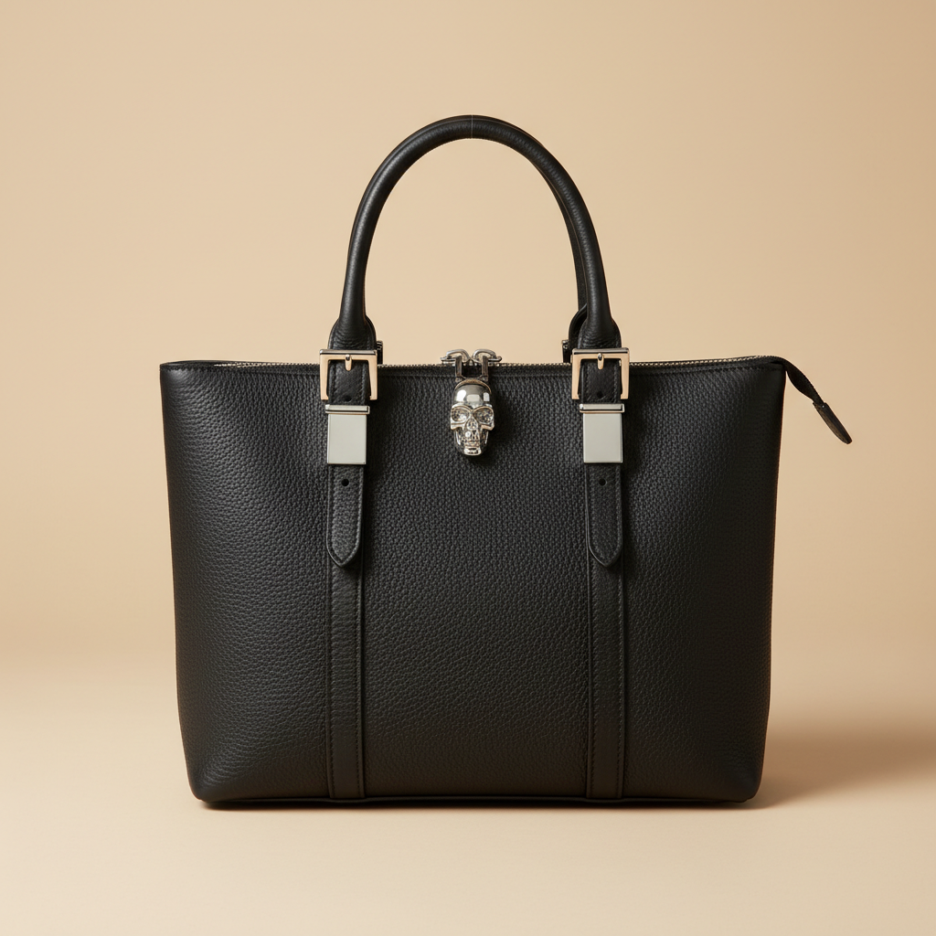 The Ossuary Tote — black calfskin leather tote bag with silver hardware