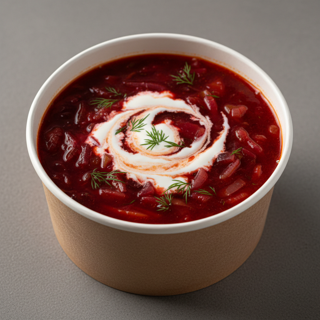 Deep crimson borscht in a paper bowl with a swirl of sour cream