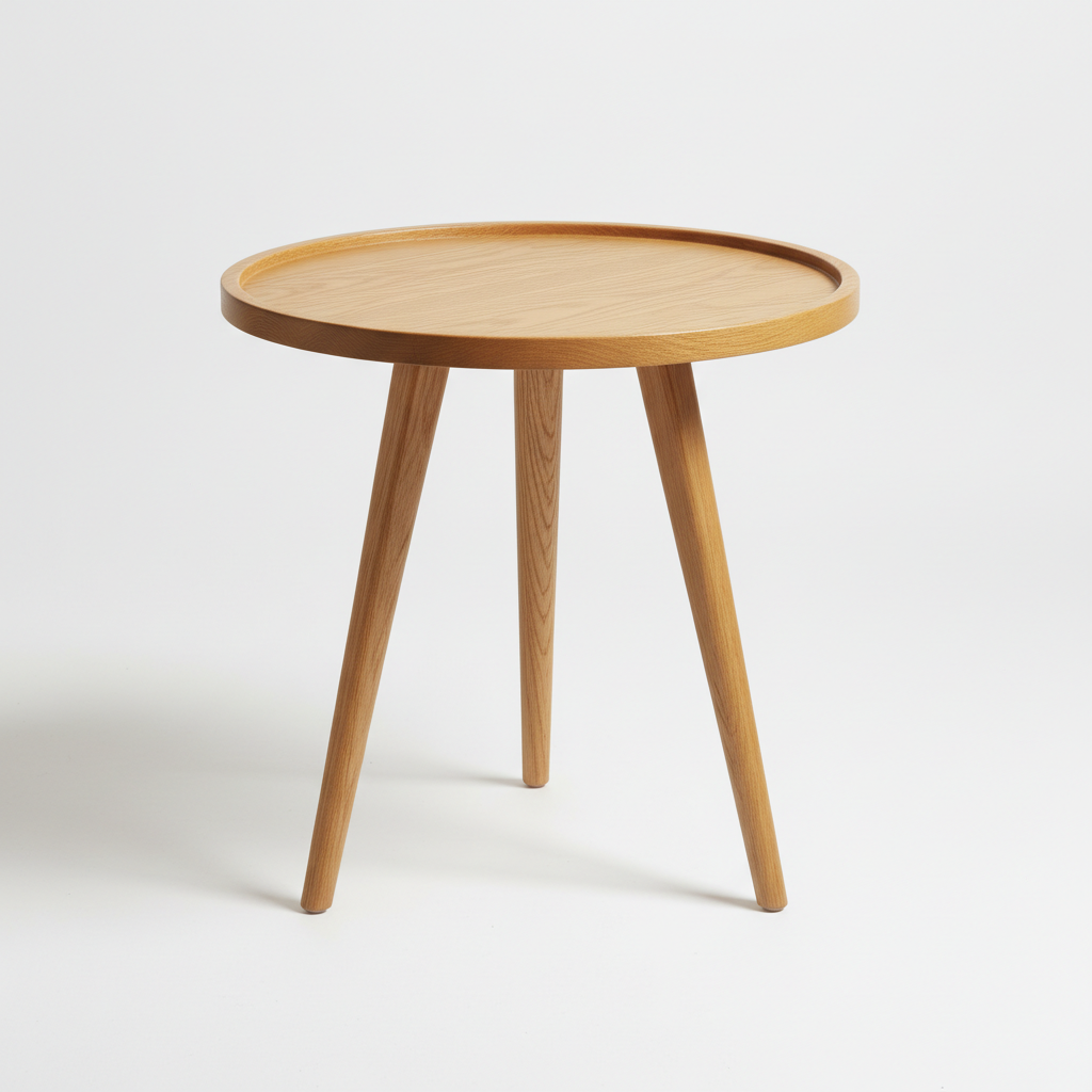 Minimalist solid oak console table with black steel hairpin legs against white wall