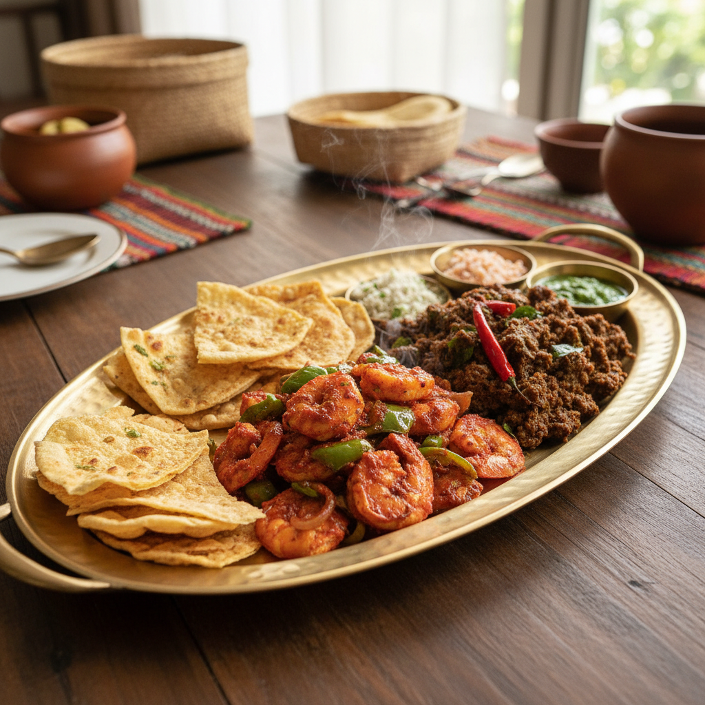 Shared platter of Sri Lankan short eats including devilled shrimp, roti and varuval on long brass tray
