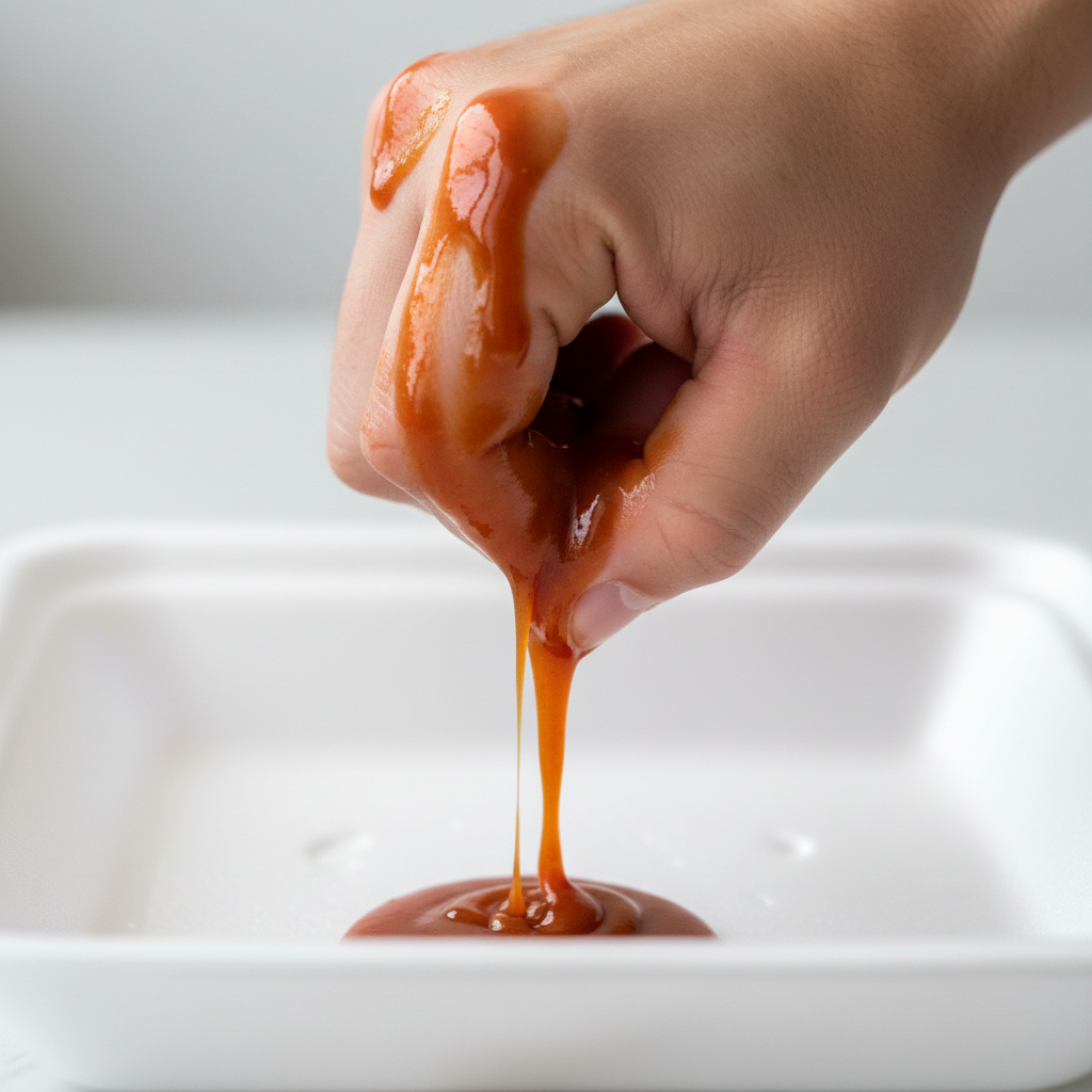 Sauce dripping off knuckles over a white styrofoam tray