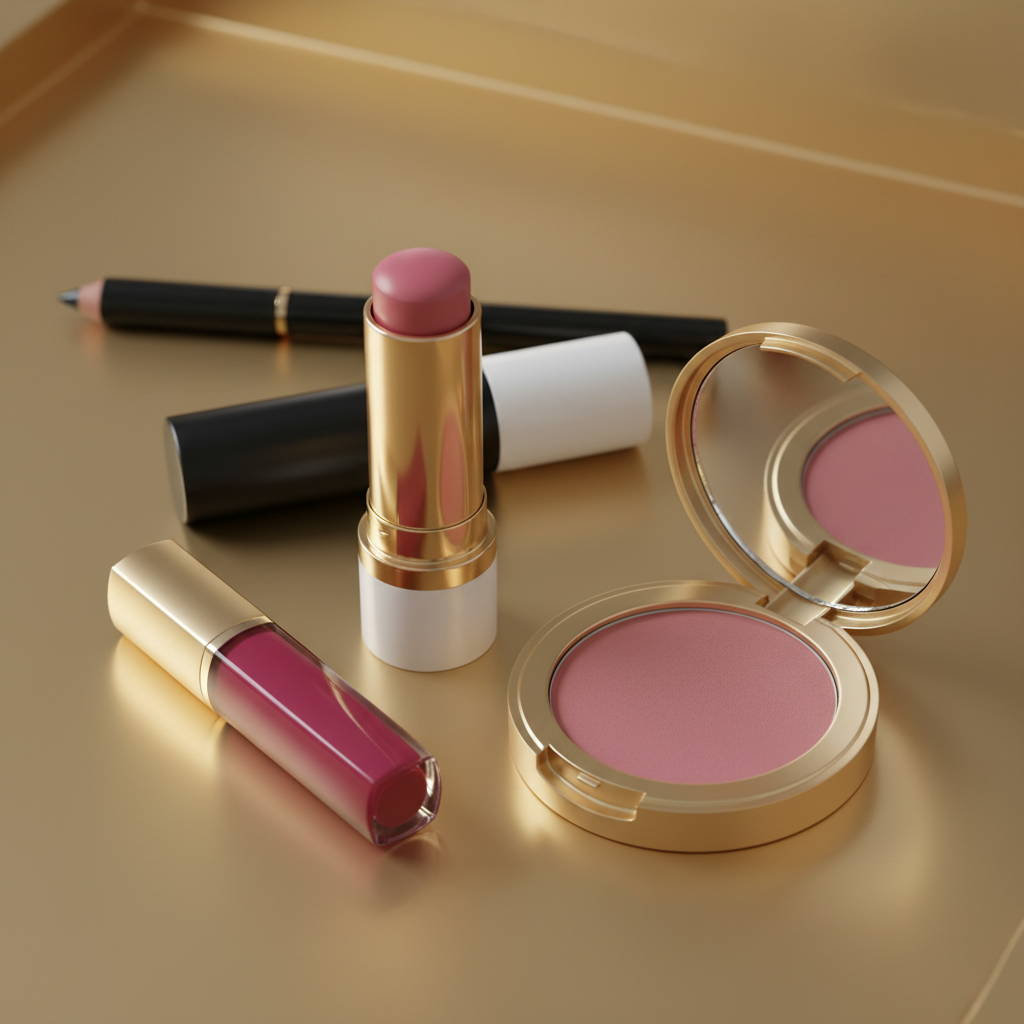 Ajan luxury makeup products arranged on a golden surface with warm lighting