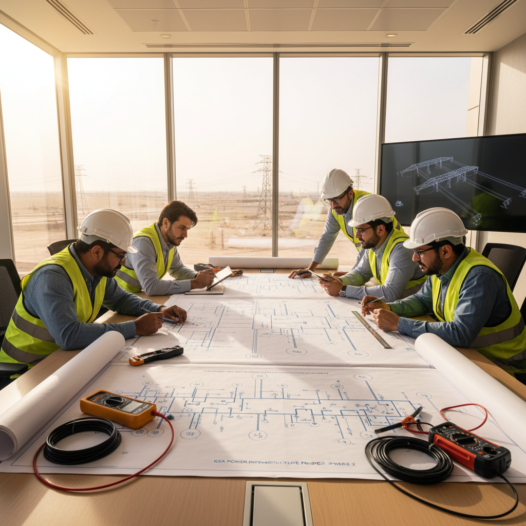 Engineers reviewing electrical diagrams at a substation control room, professional power sector team, Nigeria