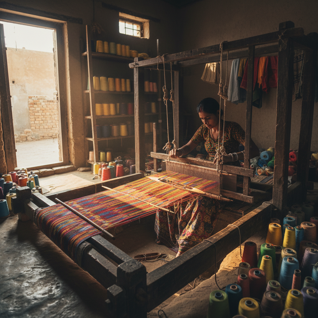 Priya Devi seated at her pit loom in Kutch district, Gujarat, surrounded by cotton thread spools