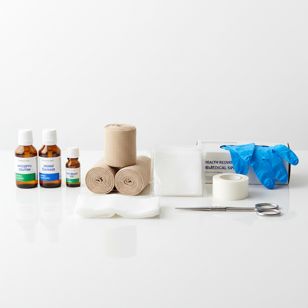 First aid supplies including tourniquets bandages and medical tape on clean surface