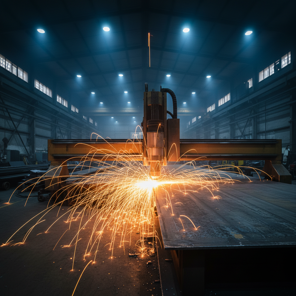 Industrial laser cutting machine with bright orange laser beam cutting through thick steel plate, dark workshop with dramatic lighting