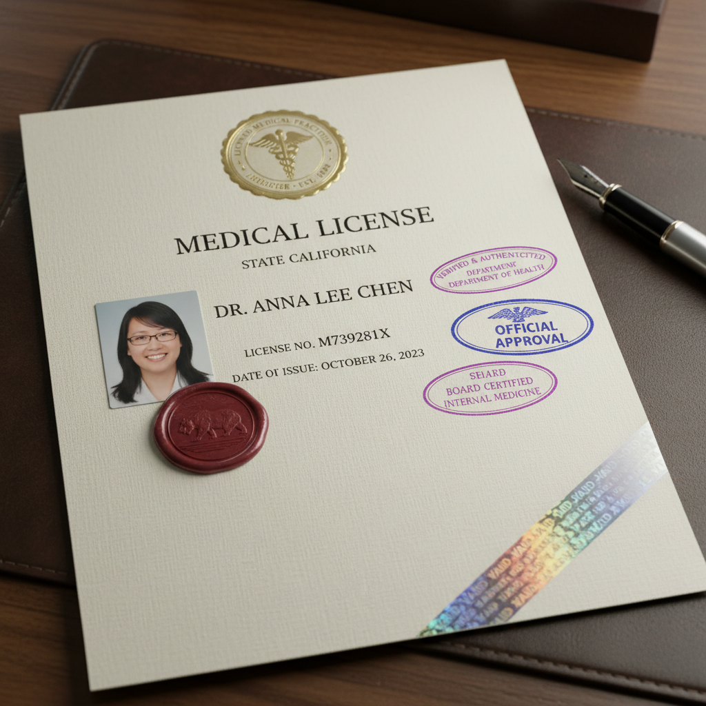 Professional medical license document with official stamps and verification