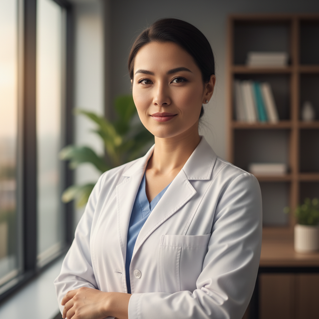 Female neurosurgeon in consultation, lab coat, warm natural light, direct gaze