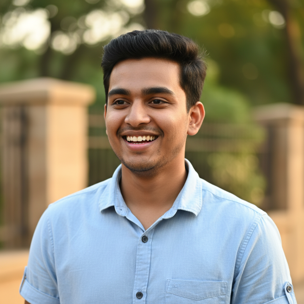 Young Indian man with short black hair in blue shirt smiling outdoors