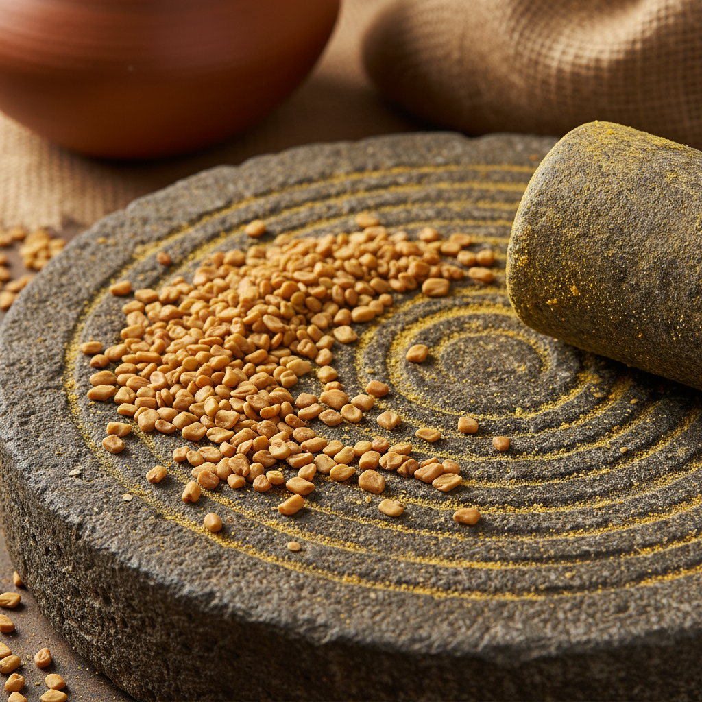 Golden fenugreek seeds scattered on a stone grinding surface