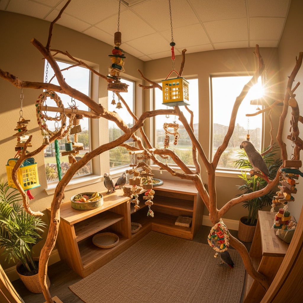 Sunlit bird boarding suite with natural manzanita branches and enrichment toys on warm wooden perches