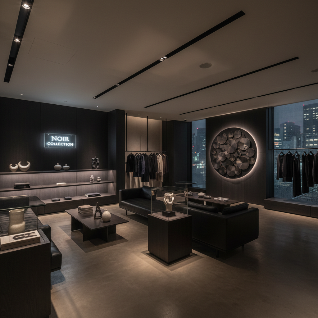Tokyo Ginza luxury boutique interior minimalist Japanese aesthetic dark materials subtle lighting
