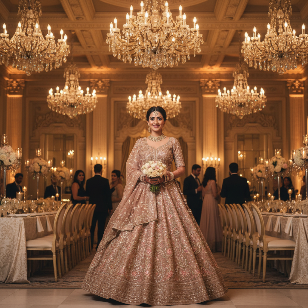 Shimmering gold lehenga for wedding reception
