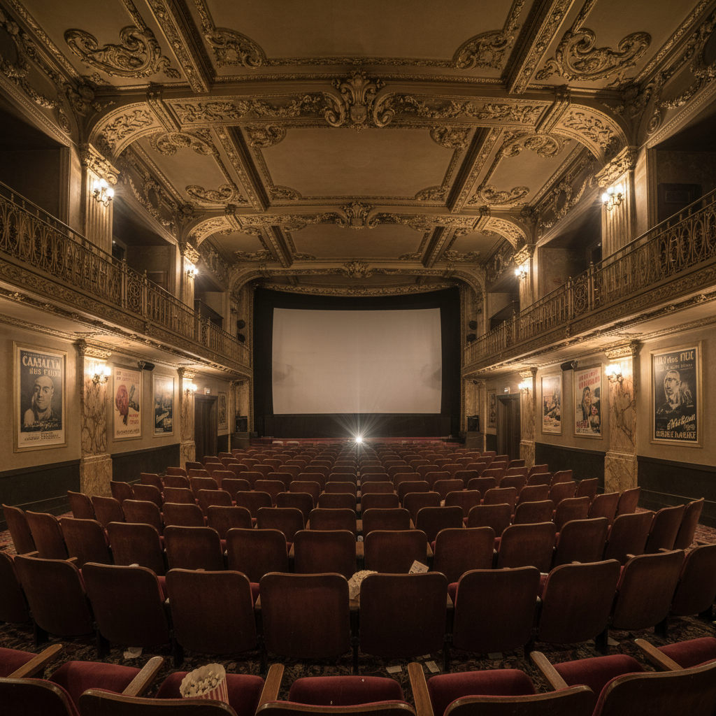Interior de sala de cine clásica con butacas rojas, pantalla grande iluminada, arquitectura art deco