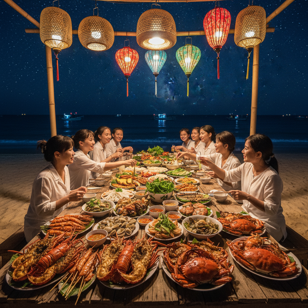 Vietnamese seafood feast on beach with lanterns at night, multiple dishes including grilled lobster and crab