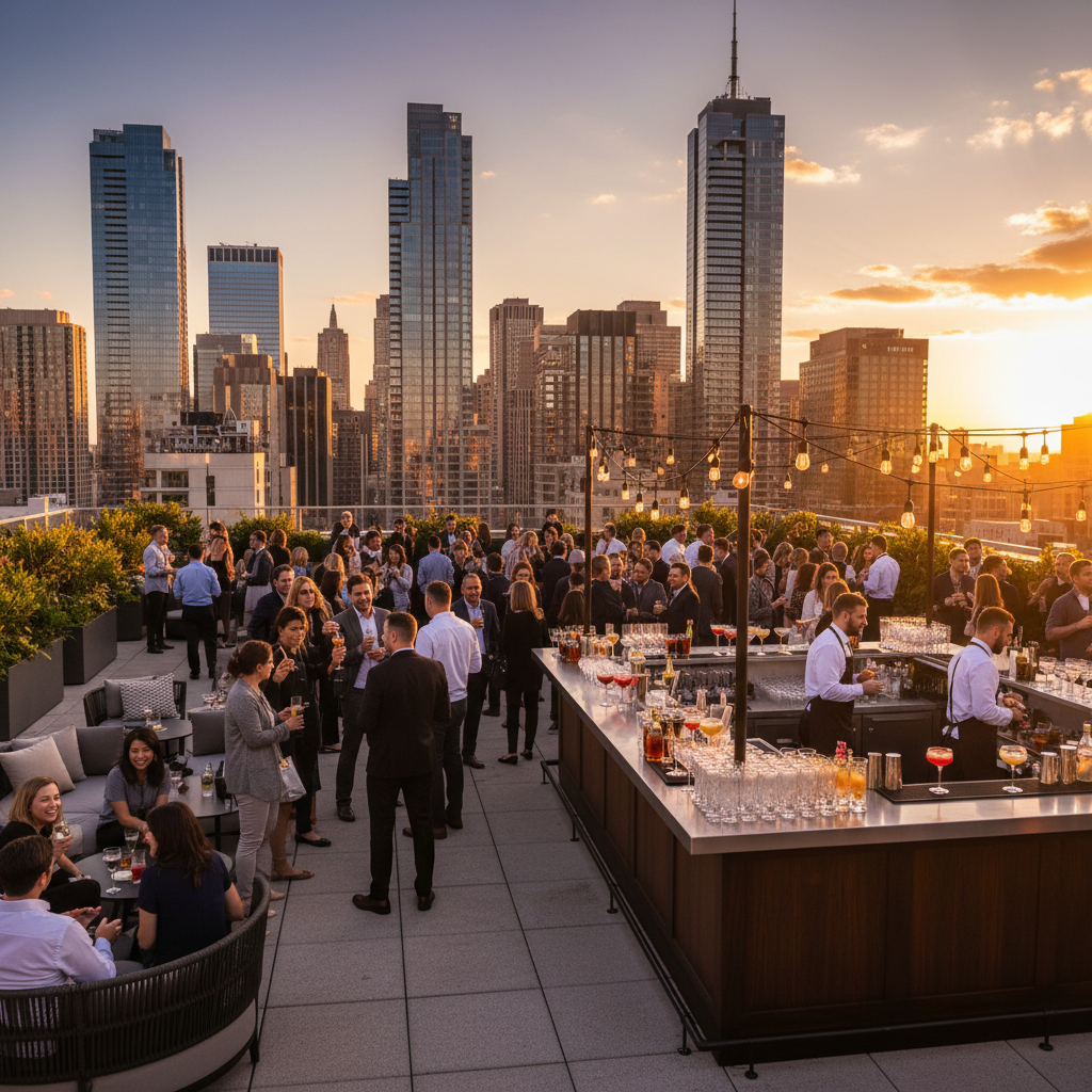 Rooftop bar at night, New York City skyline, warm golden lights, stylish social gathering