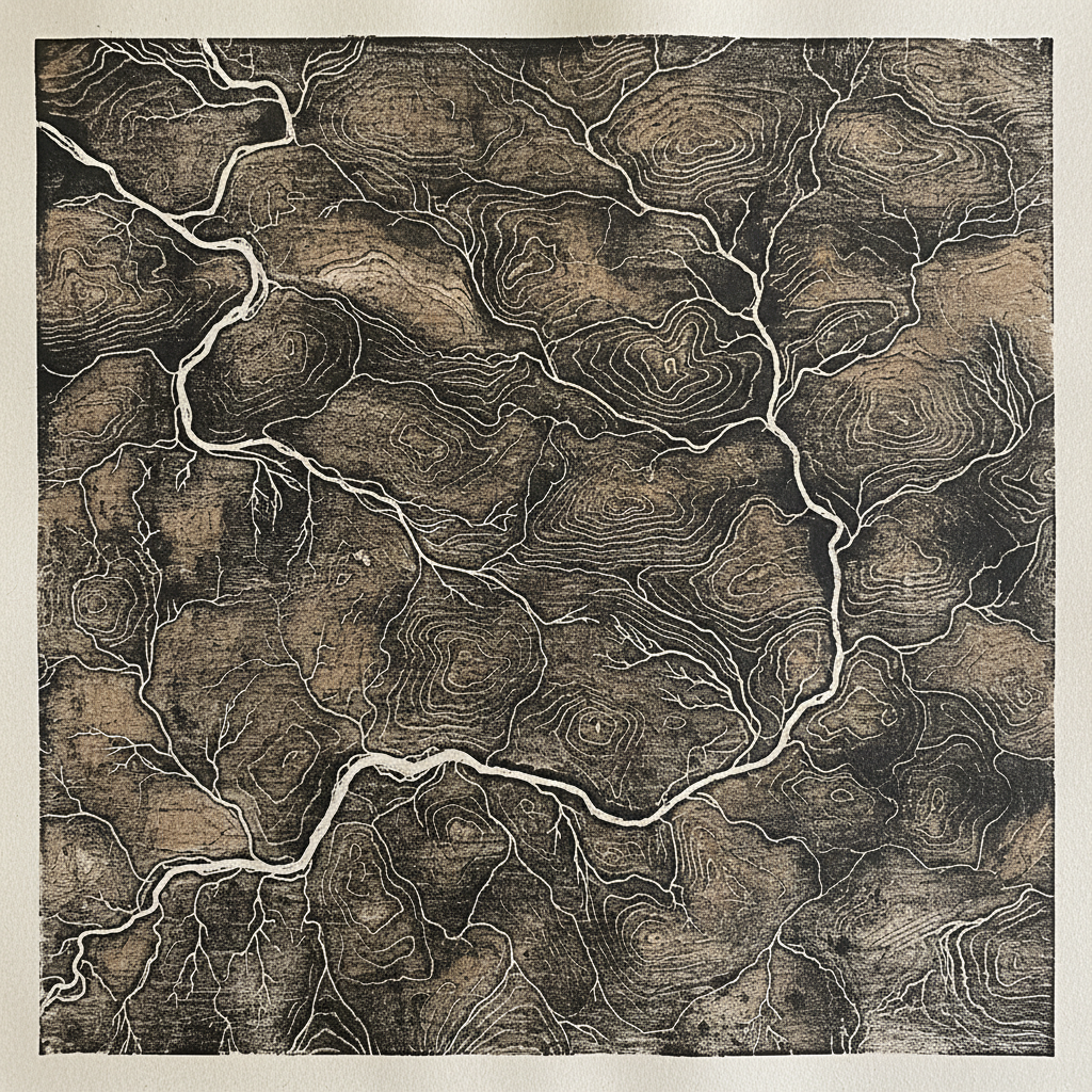 Large format relief monoprint depicting watershed topography in lampblack and raw umber on unbleached Japanese kozo, showing visible paper texture and ink emboss
