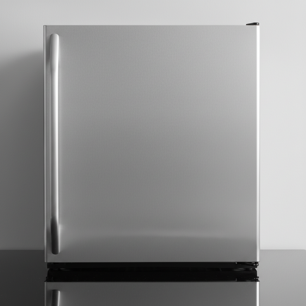 Stainless steel refrigerator standing in a clean dark room with soft overhead lighting highlighting the brushed metal surface