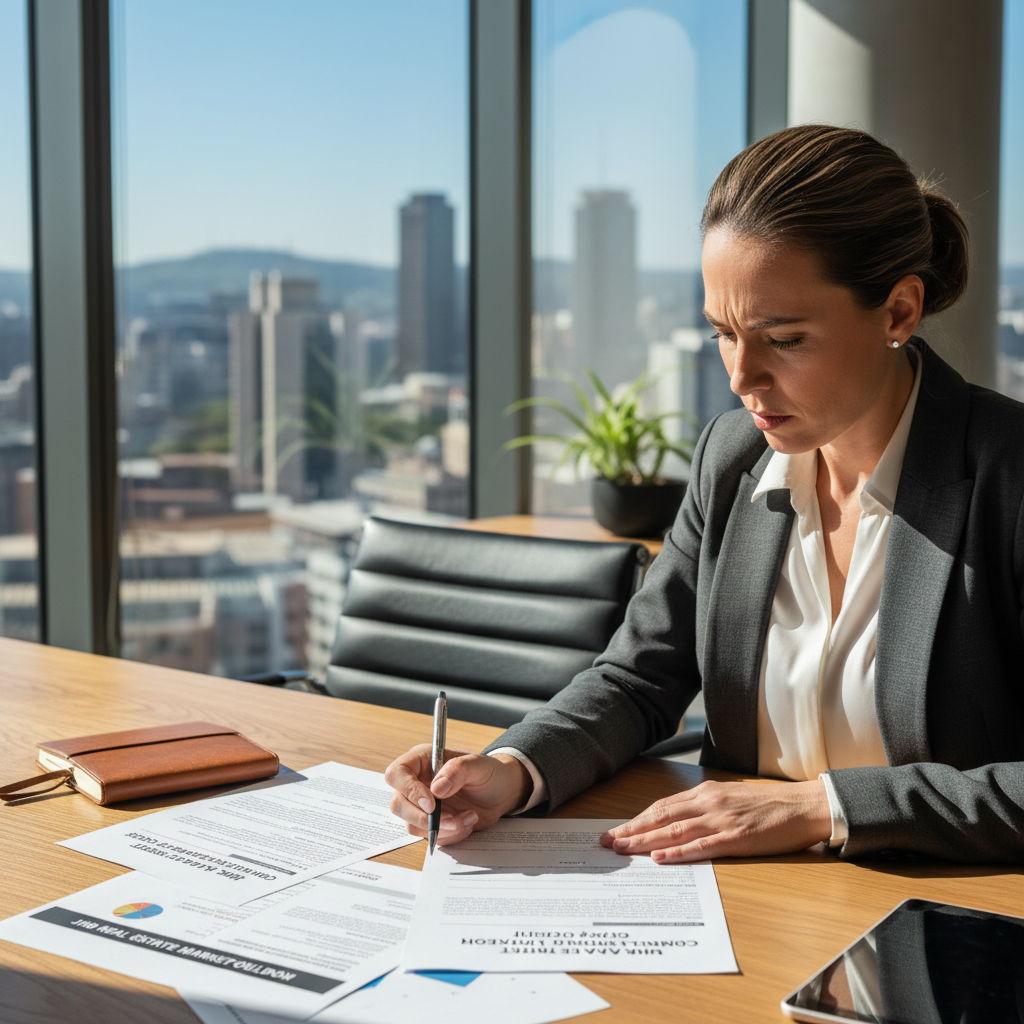 Prestige property advisor reviewing investment strategy documents — advisory consultation, Johannesburg