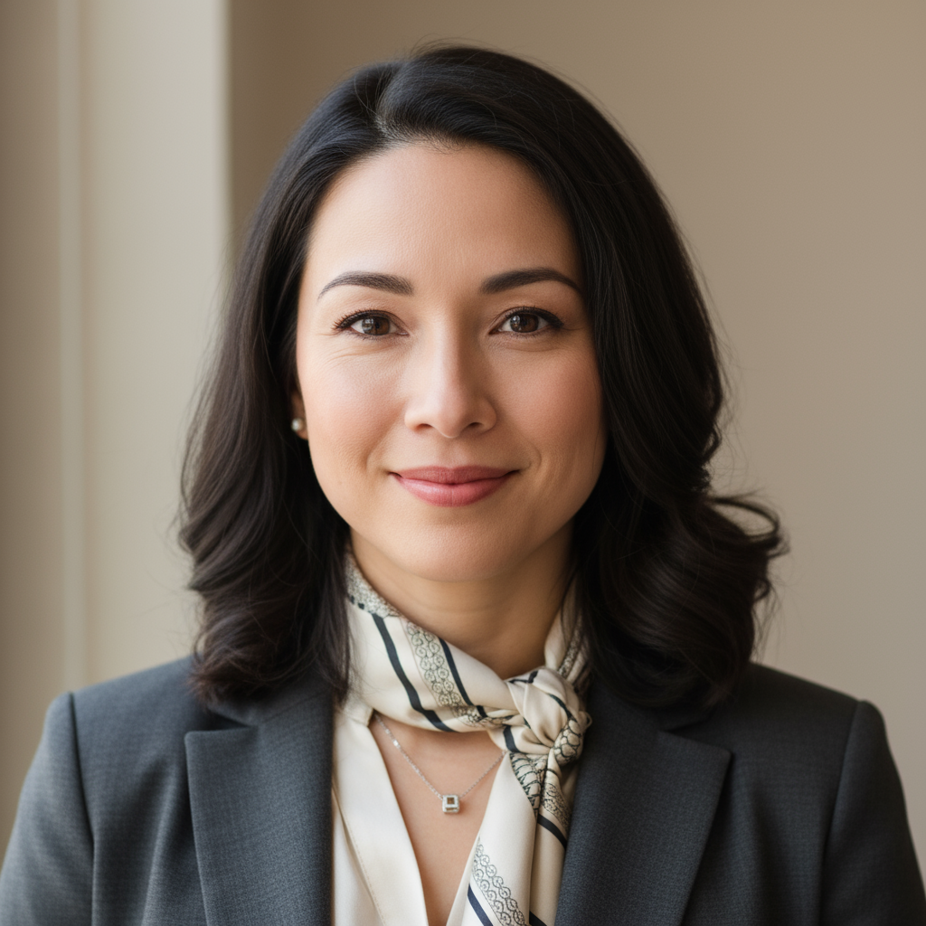 Professional female engineer with confident expression, business attire, clean neutral background