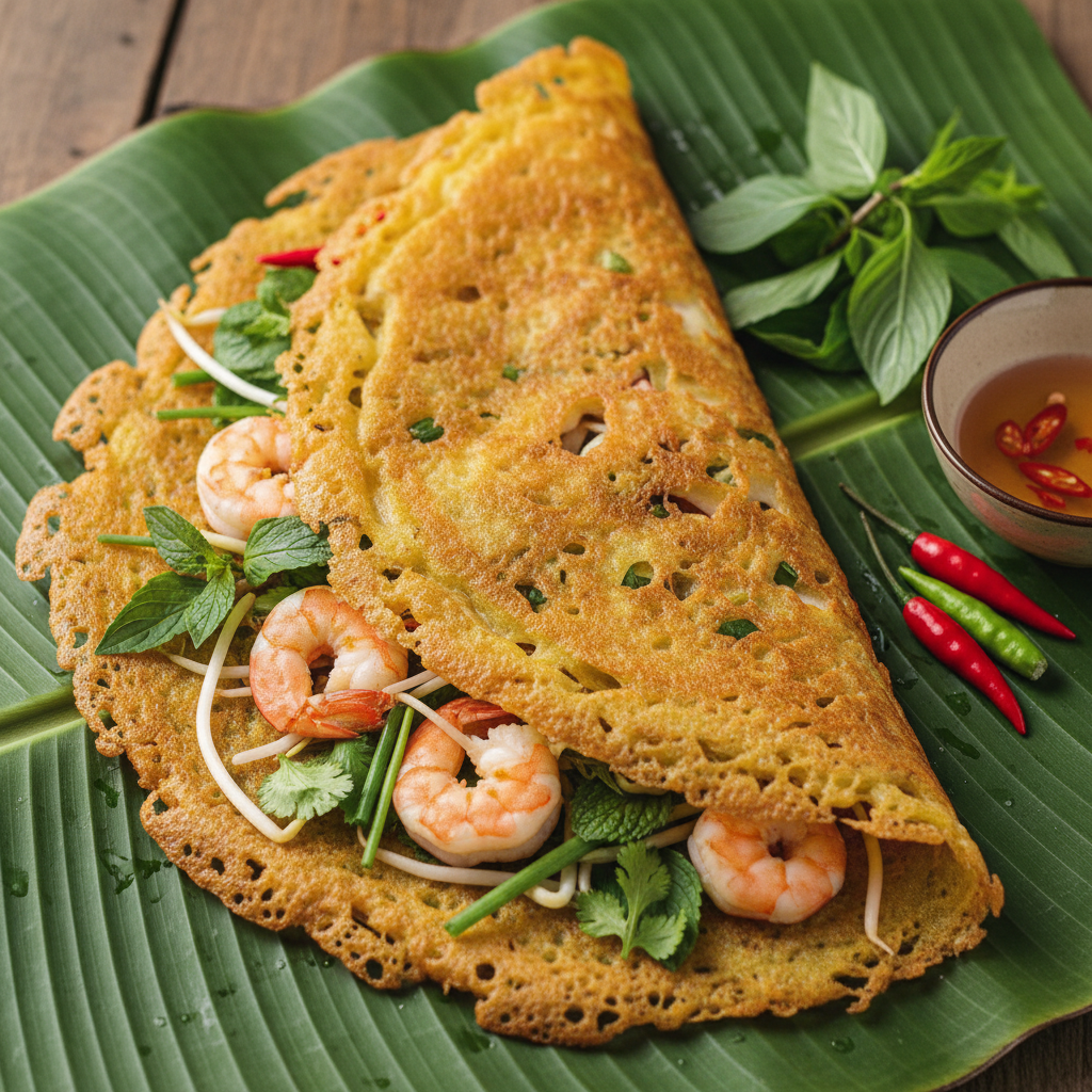 Golden bánh xèo Vietnamese sizzling crepe half-folded on a banana leaf, crispy edges with shrimp and herbs visible
