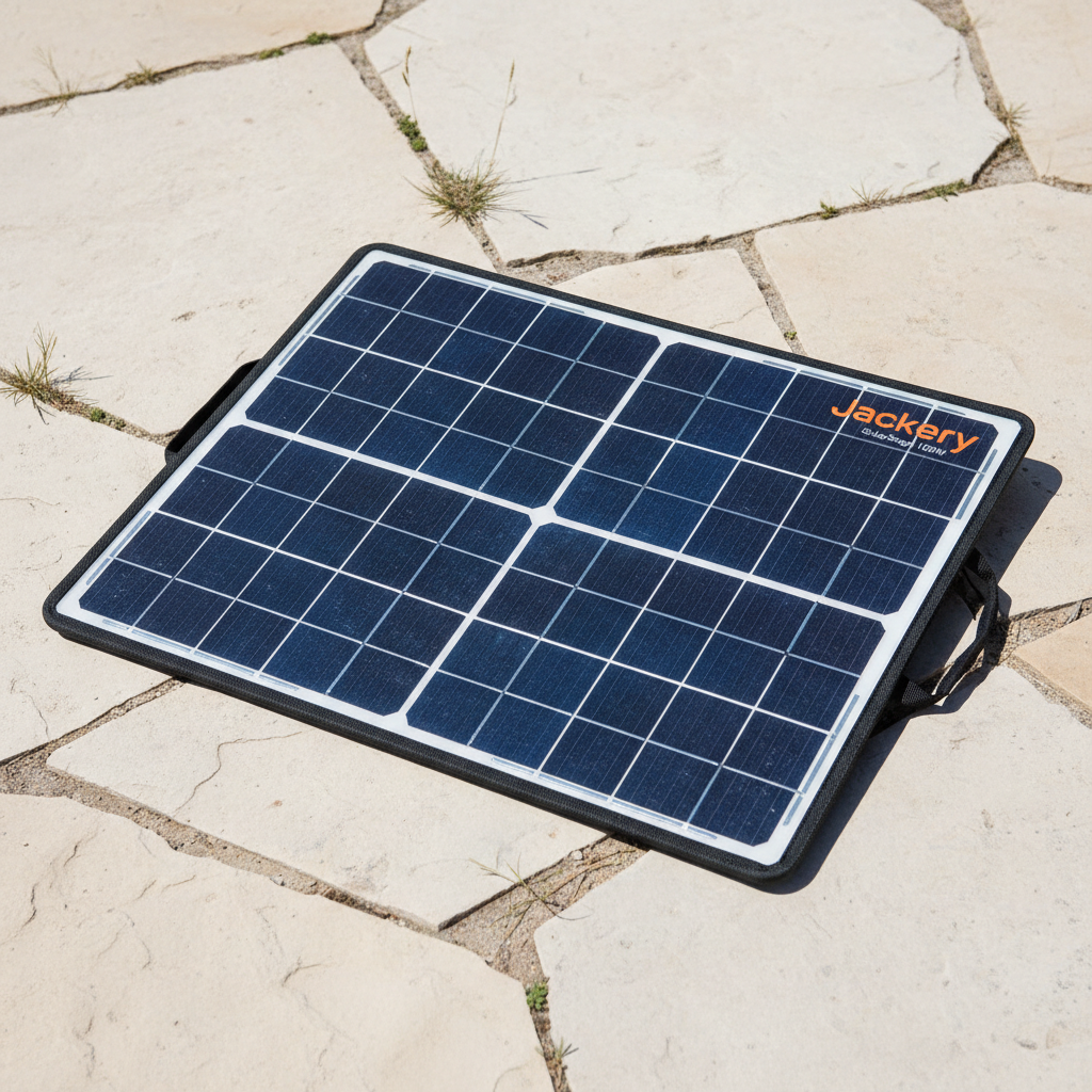 Panneau solaire Jackery SolarSaga 100W posé sur le sol avec ciel bleu en arrière-plan