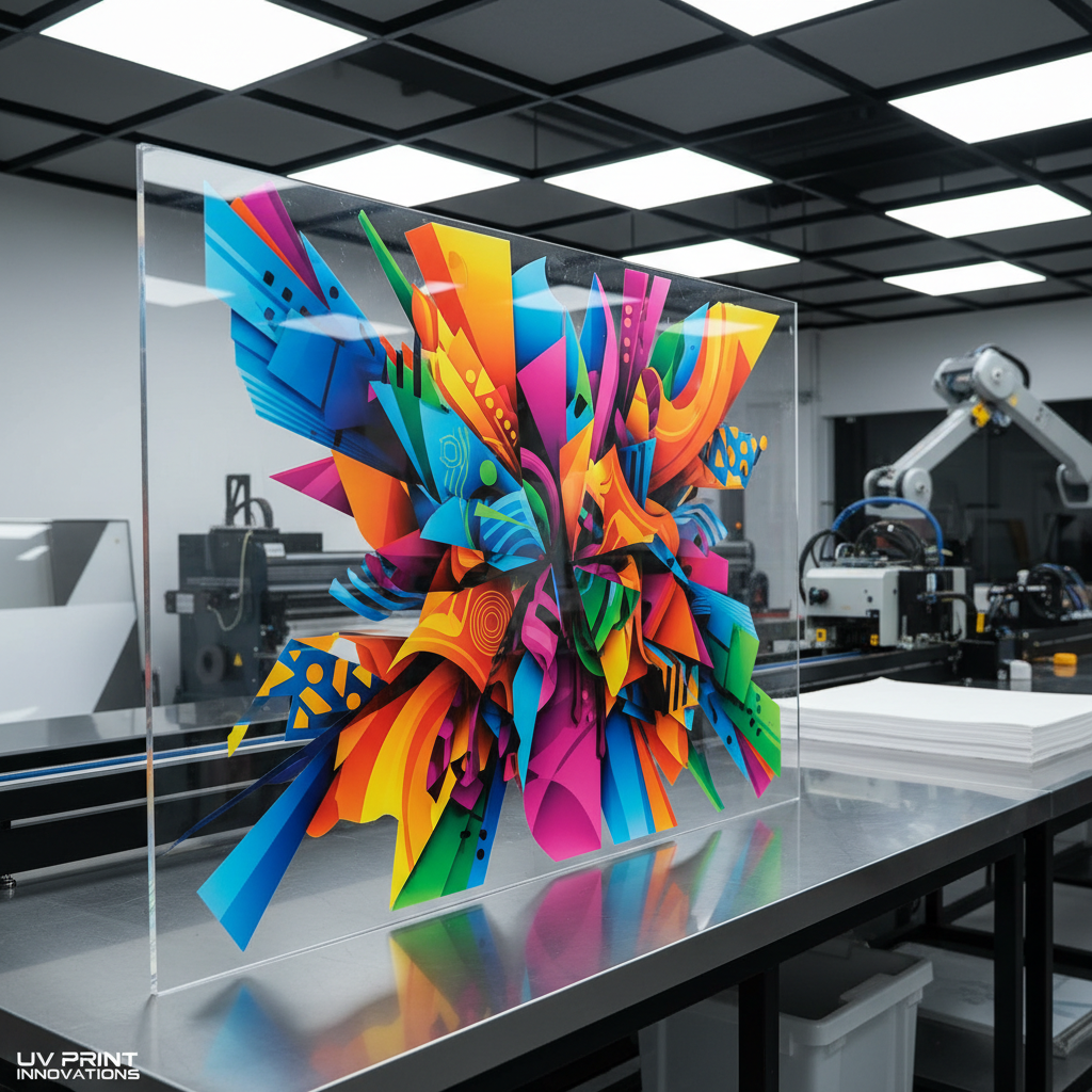 UV flatbed printer printing vibrant graphics on acrylic sheet material