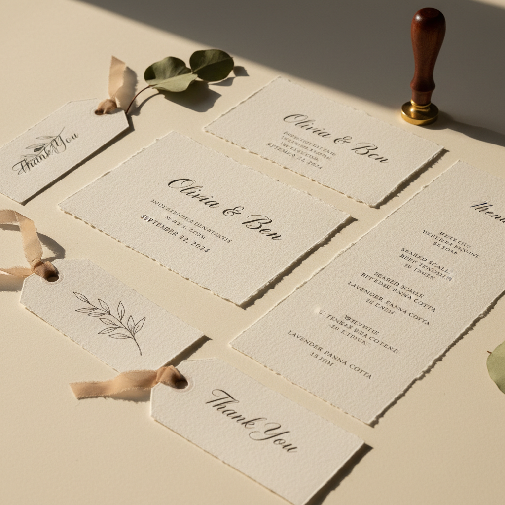 Bridal shower stationery set with personalised menus and place cards in blush and gold tones in bright light