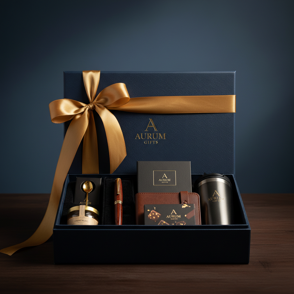 Sleek corporate gift hamper with dark packaging on a clean white desk in bright office