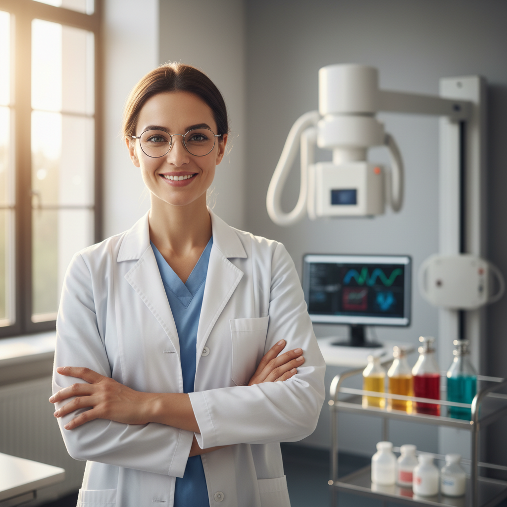 Dr. Priya Nair, consultant rheumatologist, smiling warmly in a clinical setting