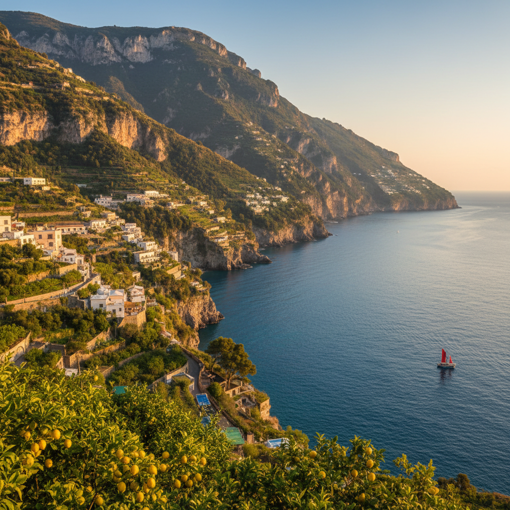 Amalfi Coast colourful cliffside villages turquoise Mediterranean bright daylight