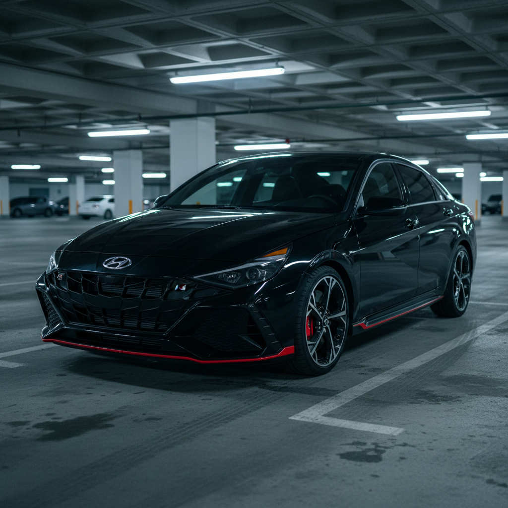 Gravity Gold 2023 Hyundai Elantra N front three-quarter view in a parking garage