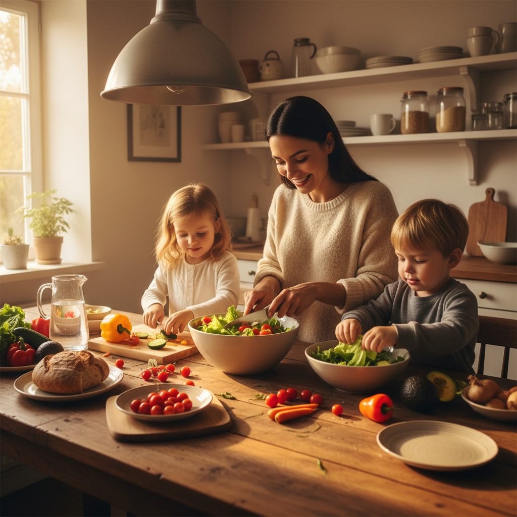 Mother and two young children at a kitchen table with fresh vegetables and a meal, warm indoor light